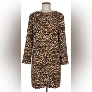 J. CREW Leopard Print Brown Cream Tan Black Long Sleeve Shift Dress (8)